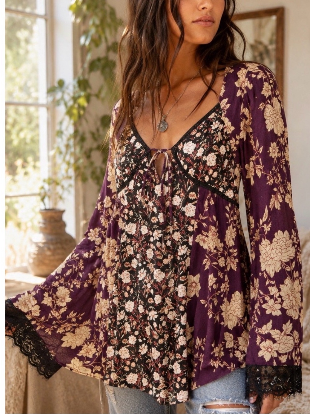 Free People Odette Printed Tunic Lace trim Boho Whimsical Fairy